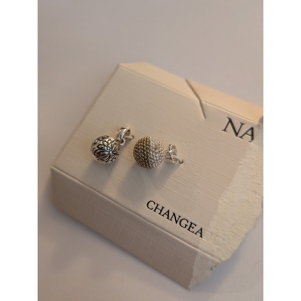 Changea Silver Floral Etched and Pave Ball Charm Set 2pc